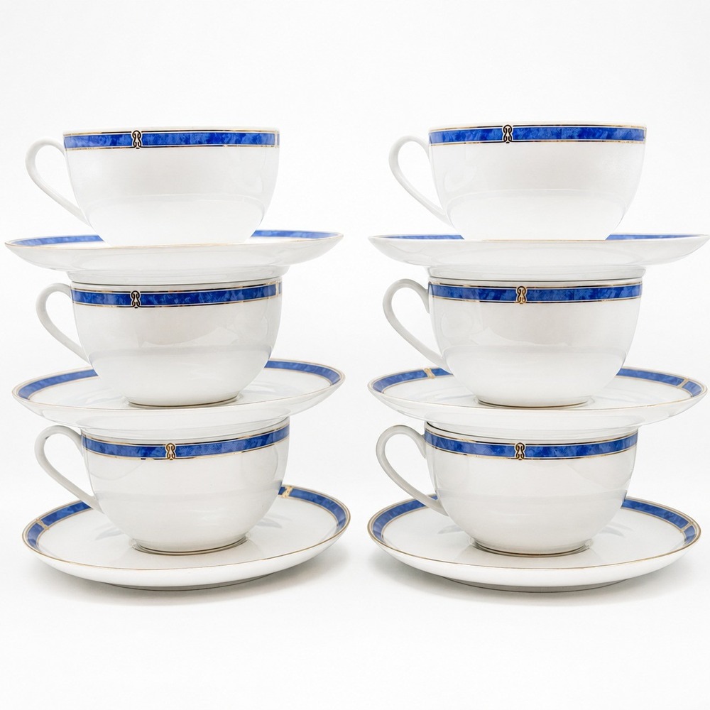 Christofle Oceana Blue Gold Porcelain Tea Cups Saucers 12 pc set